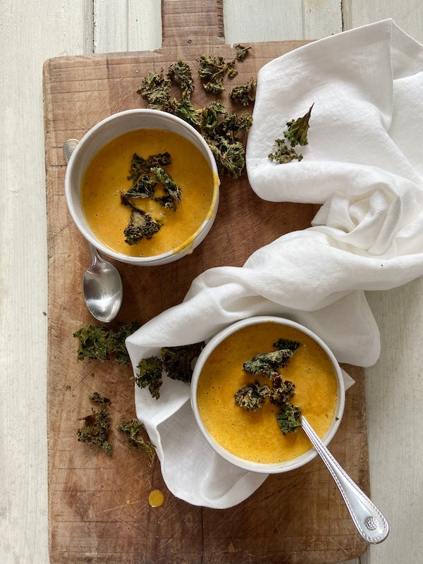 Indian-Spiced Roasted Carrot Soup with Spiced Kale Chips