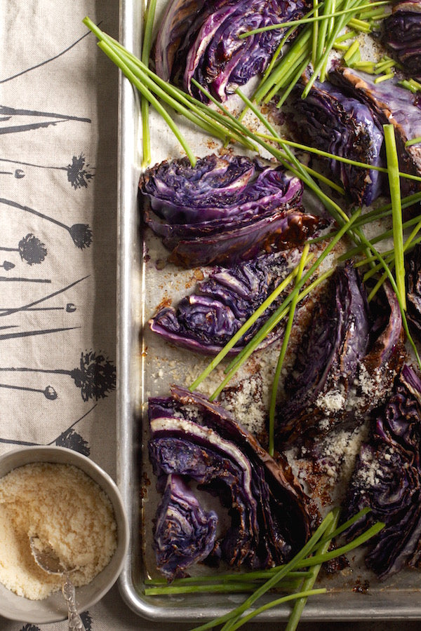 CHARRED PURPLE CABBAGE WITH PARMESAN AND CHIVES