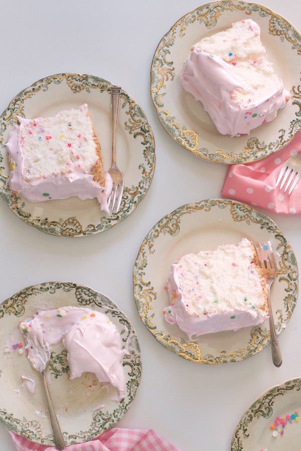 Sprinkle Angel Food Cake with Pink Cloud Frosting