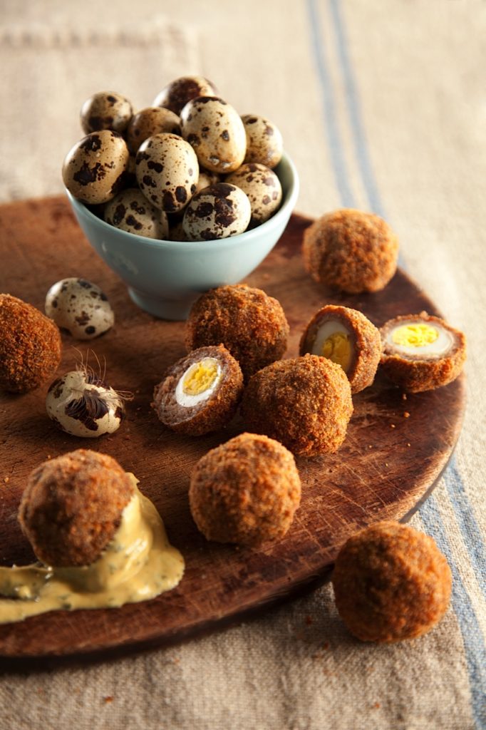 SCOTCH QUAIL EGGS WITH TARRAGON MUSTARD DIPPING SAUCE