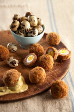 SCOTCH QUAIL EGGS WITH TARRAGON MUSTARD DIPPING SAUCE