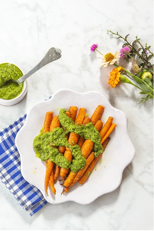 Roasted Carrots with Spinach and Herb Pecan Pesto