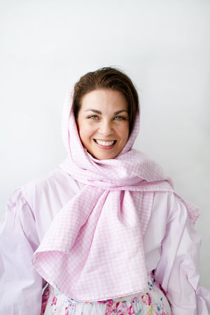 LINEN PICNIC BLANKET SCARF IN PALE PINK GINGHAM