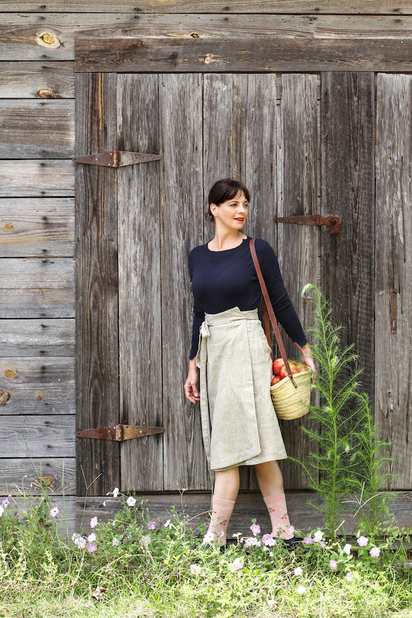 EVERYDAY BEAUTIFUL A-LINE APRON WRAP SKIRT IN NATURAL LINEN
