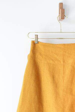 EVERYDAY BEAUTIFUL A-LINE APRON WRAP SKIRT IN MUSTARD LINEN