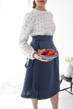 EVERYDAY BEAUTIFUL A-LINE APRON WRAP SKIRT IN FRENCH BLUE LINEN