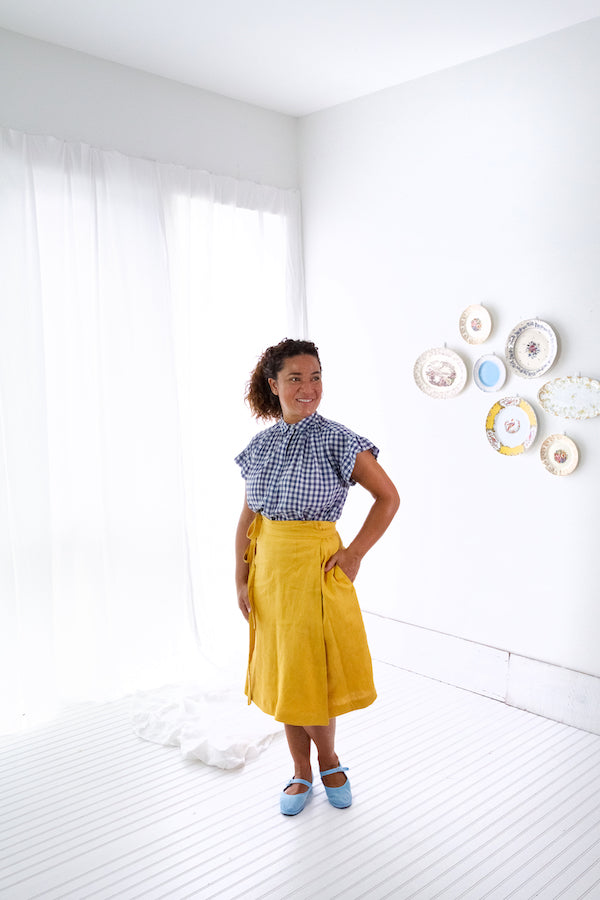 EVERYDAY BEAUTIFUL A-LINE APRON WRAP SKIRT IN MUSTARD LINEN