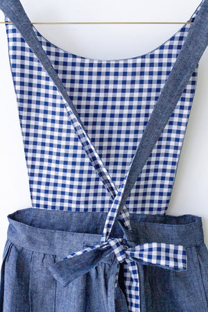 PINAFORE APRON IN INDIGO CHAMBRAY AND NAVY GINGHAM – LIBBIE SUMMERS